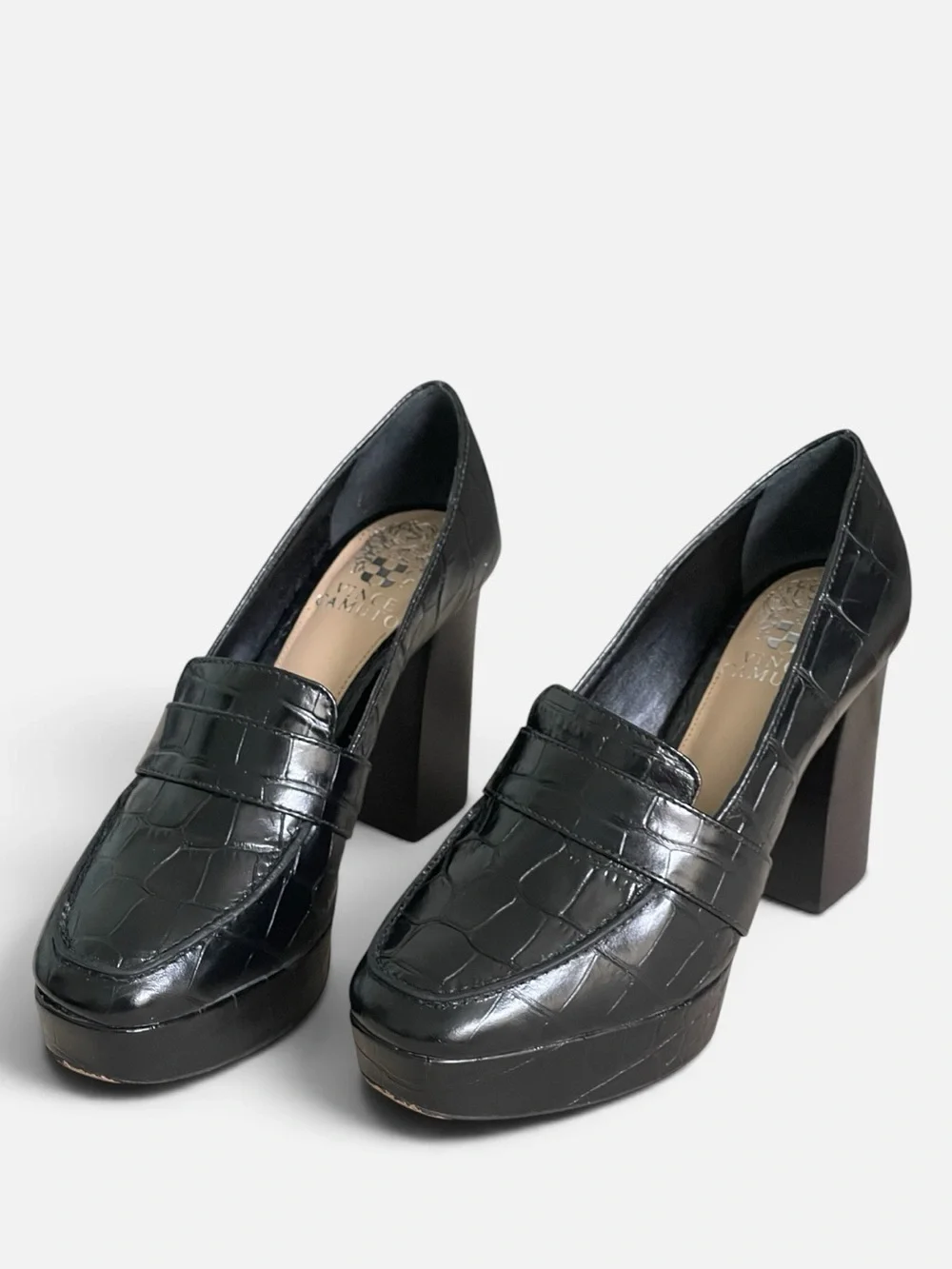Vince Camuto Medrana Black Croc-Embossed Leather Platform Sz 6 High Chunky Heel